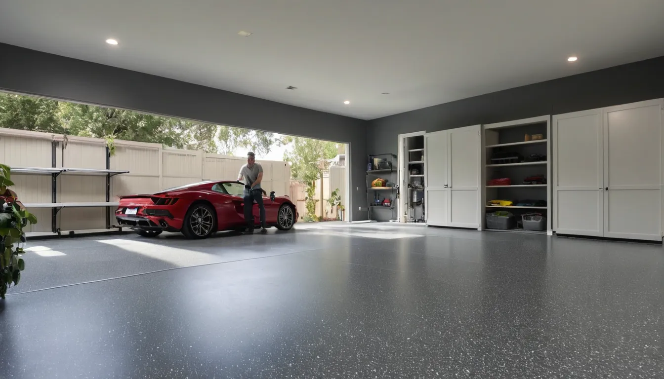 A freshly coated epoxy garage floor with gray flakes in a home near Pleasant Prairie